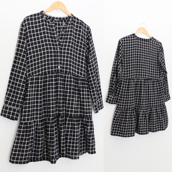 Madewell Flannel Button-Placket Tiered Mini Dress Windowpane Plaid Black S $118 - Picture 16 of 16
